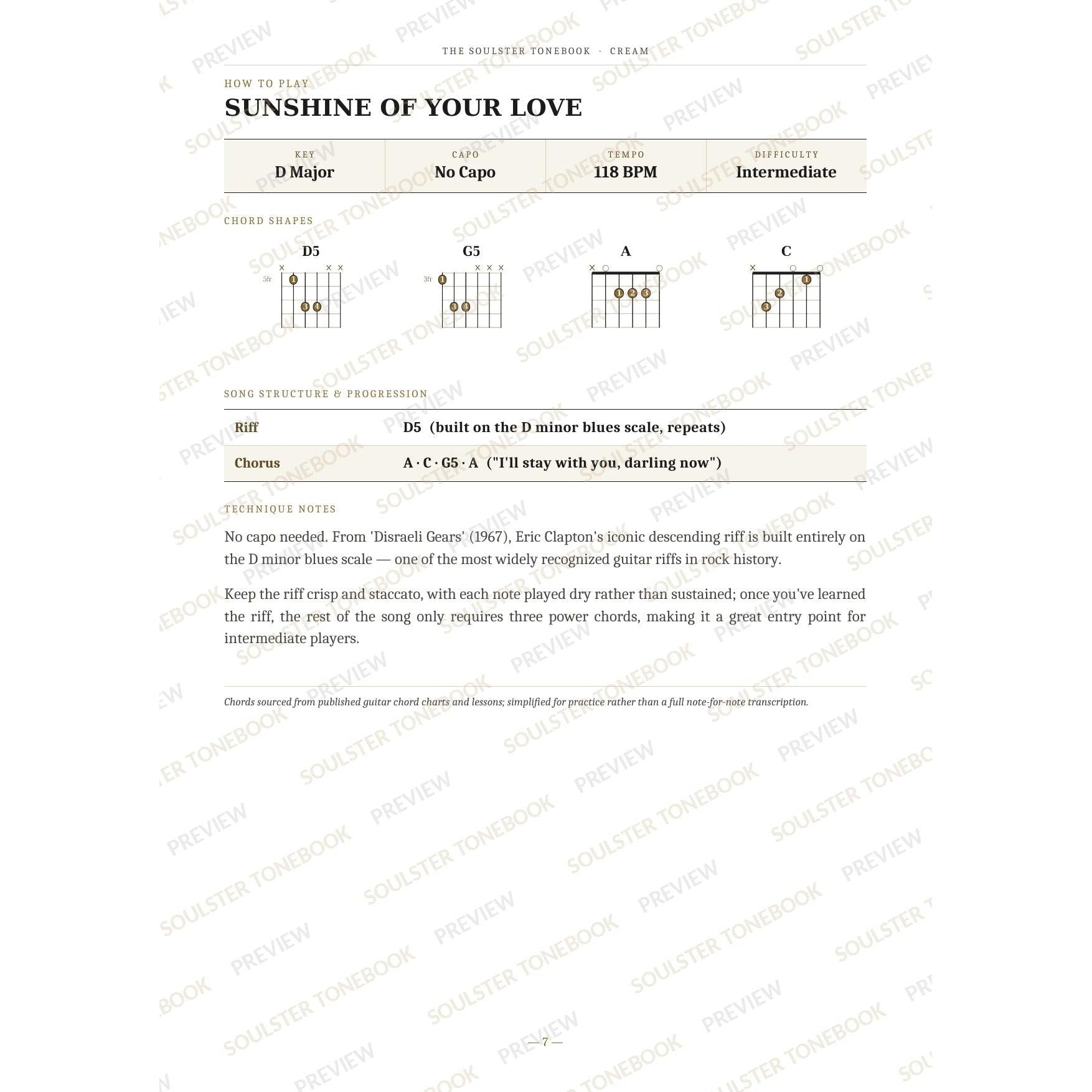 How-to-play page for 'Sunshine of Your Love' by Cream, showing the key, capo, tempo and difficulty, printed chord-shape diagrams, a song-structure and chord-progression breakdown and technique notes — chord charts only, no lyrics or notation. A faint diagonal 'Soulster Tonebook · Preview' watermark repeats across the page.