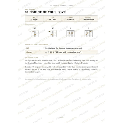 How-to-play page for 'Sunshine of Your Love' by Cream, showing the key, capo, tempo and difficulty, printed chord-shape diagrams, a song-structure and chord-progression breakdown and technique notes — chord charts only, no lyrics or notation. A faint diagonal 'Soulster Tonebook · Preview' watermark repeats across the page.
