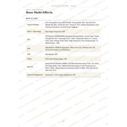Boss GT-1000 pedal-settings page for 'Sunshine of Your Love' in the Cream Soulster Tonebook, giving parameter-by-parameter amp, cabinet, drive, FX, delay and reverb values in a two-column table. A faint diagonal 'Soulster Tonebook · Preview' watermark repeats across the page.