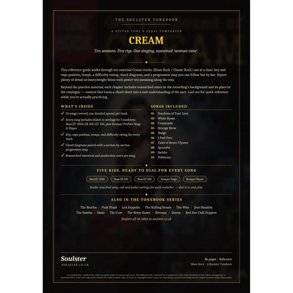 Back cover of the Cream Soulster Tonebook — a dark, gold-trimmed design with the title and tagline, a 'what's inside' list, the full 10-song track list, the five modeller rigs and other titles in the Soulster Tonebook series.