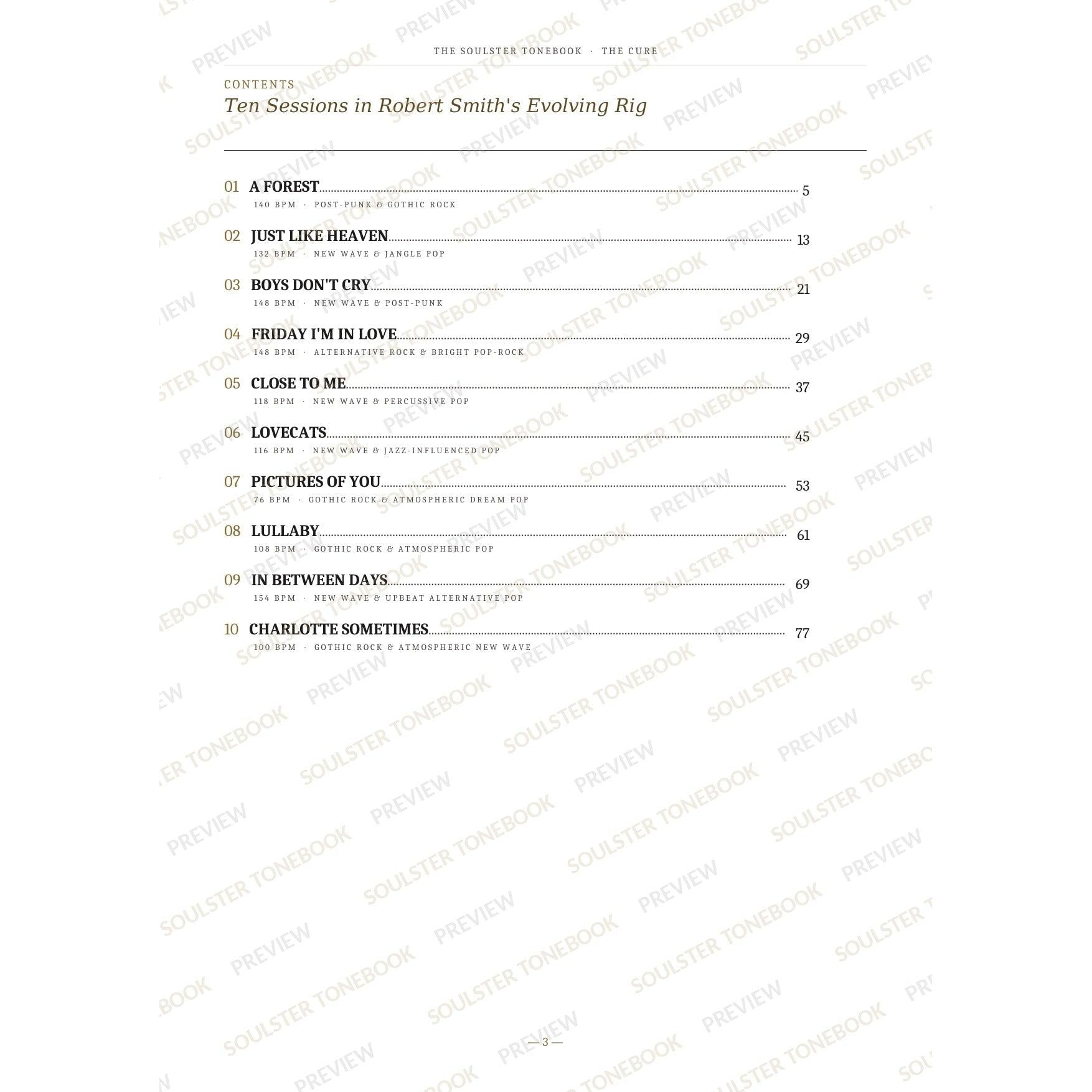Contents page from The Cure Soulster Tonebook, listing all 10 songs with their tempos, genre tags and page numbers in a gold-and-black serif layout. A faint diagonal 'Soulster Tonebook · Preview' watermark repeats across the page.