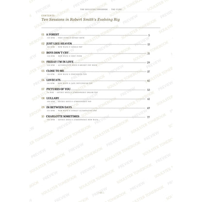 Contents page from The Cure Soulster Tonebook, listing all 10 songs with their tempos, genre tags and page numbers in a gold-and-black serif layout. A faint diagonal 'Soulster Tonebook · Preview' watermark repeats across the page.