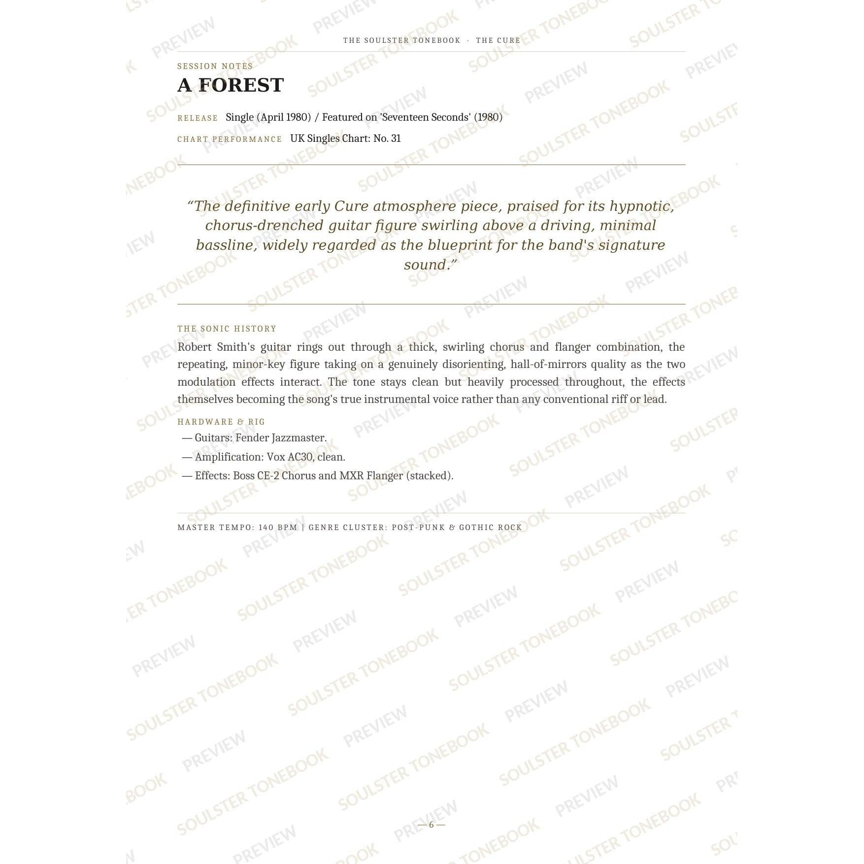 Session-notes page for 'A Forest' in The Cure Soulster Tonebook, with the track's release and chart history, a summary quote, a short 'sonic history' write-up and the hardware and rig used. A faint diagonal 'Soulster Tonebook · Preview' watermark repeats across the page.