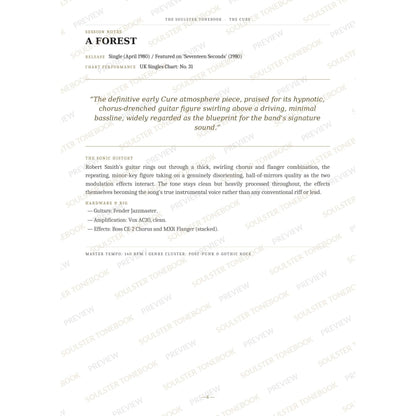 Session-notes page for 'A Forest' in The Cure Soulster Tonebook, with the track's release and chart history, a summary quote, a short 'sonic history' write-up and the hardware and rig used. A faint diagonal 'Soulster Tonebook · Preview' watermark repeats across the page.