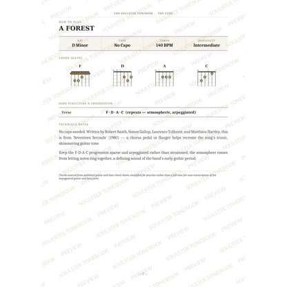 How-to-play page for 'A Forest' by The Cure, showing the key, capo, tempo and difficulty, printed chord-shape diagrams, a song-structure and chord-progression breakdown and technique notes — chord charts only, no lyrics or notation. A faint diagonal 'Soulster Tonebook · Preview' watermark repeats across the page.