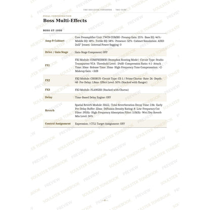 Boss GT-1000 pedal-settings page for 'A Forest' in The Cure Soulster Tonebook, giving parameter-by-parameter amp, cabinet, drive, FX, delay and reverb values in a two-column table. A faint diagonal 'Soulster Tonebook · Preview' watermark repeats across the page.