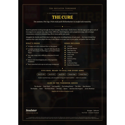 Back cover of The Cure Soulster Tonebook — a dark, gold-trimmed design with the title and tagline, a 'what's inside' list, the full 10-song track list, the five modeller rigs and other titles in the Soulster Tonebook series.