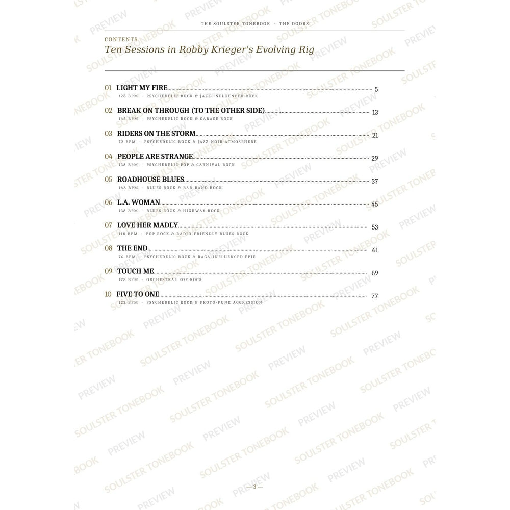 Contents page from The Doors Soulster Tonebook, listing all 10 songs with their tempos, genre tags and page numbers in a gold-and-black serif layout. A faint diagonal 'Soulster Tonebook · Preview' watermark repeats across the page.