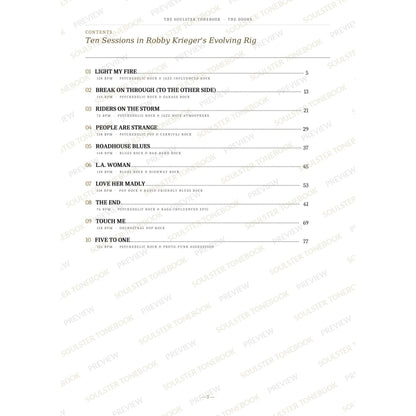 Contents page from The Doors Soulster Tonebook, listing all 10 songs with their tempos, genre tags and page numbers in a gold-and-black serif layout. A faint diagonal 'Soulster Tonebook · Preview' watermark repeats across the page.