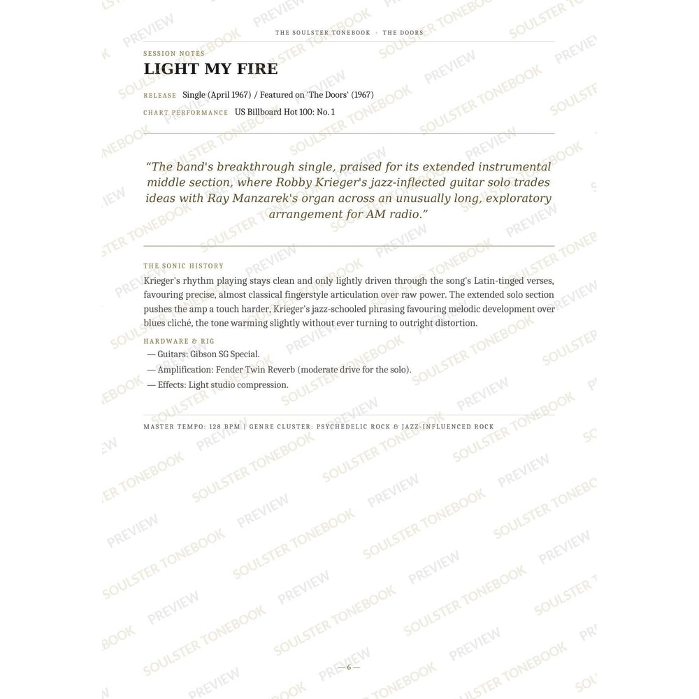 Session-notes page for 'Light My Fire' in The Doors Soulster Tonebook, with the track's release and chart history, a summary quote, a short 'sonic history' write-up and the hardware and rig used. A faint diagonal 'Soulster Tonebook · Preview' watermark repeats across the page.
