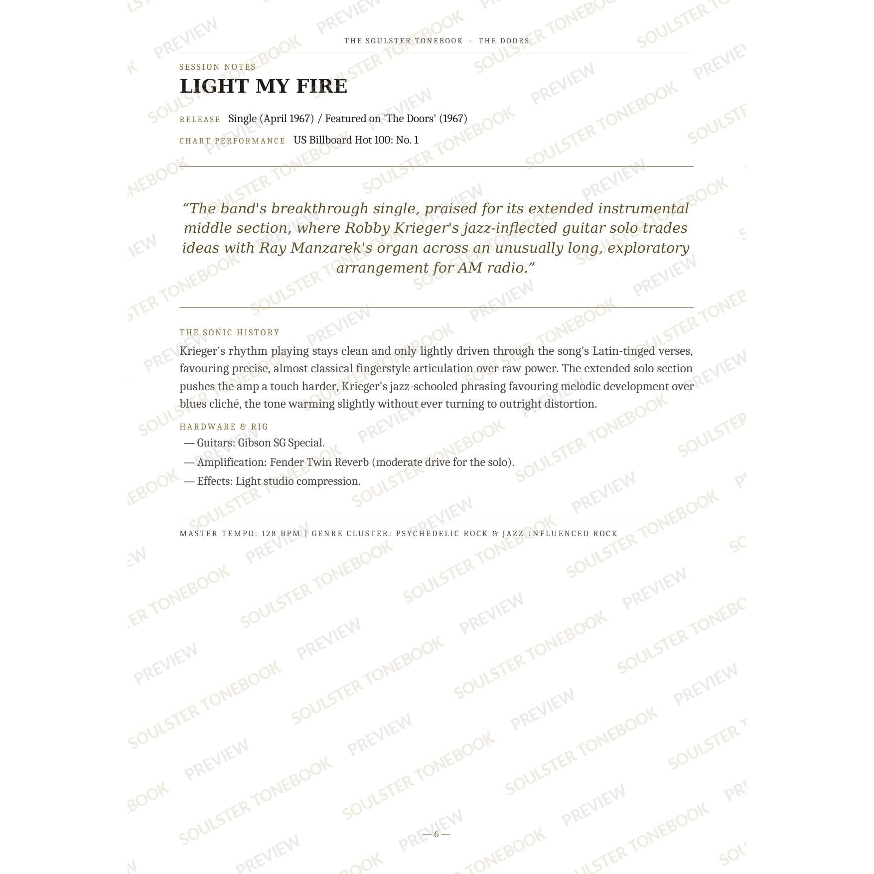 Session-notes page for 'Light My Fire' in The Doors Soulster Tonebook, with the track's release and chart history, a summary quote, a short 'sonic history' write-up and the hardware and rig used. A faint diagonal 'Soulster Tonebook · Preview' watermark repeats across the page.