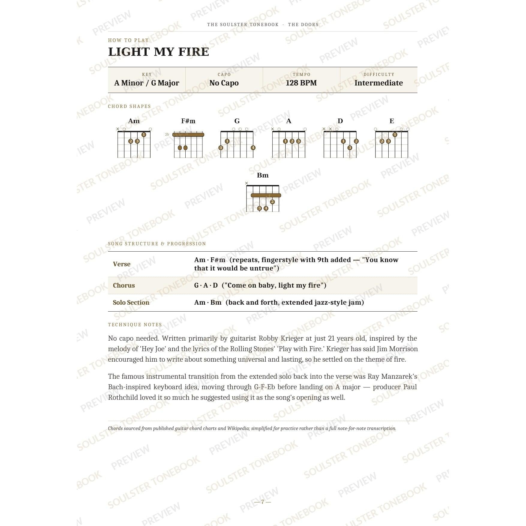 How-to-play page for 'Light My Fire' by The Doors, showing the key, capo, tempo and difficulty, printed chord-shape diagrams, a song-structure and chord-progression breakdown and technique notes — chord charts only, no lyrics or notation. A faint diagonal 'Soulster Tonebook · Preview' watermark repeats across the page.
