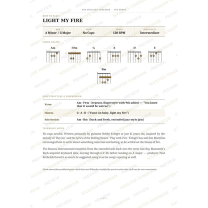 How-to-play page for 'Light My Fire' by The Doors, showing the key, capo, tempo and difficulty, printed chord-shape diagrams, a song-structure and chord-progression breakdown and technique notes — chord charts only, no lyrics or notation. A faint diagonal 'Soulster Tonebook · Preview' watermark repeats across the page.