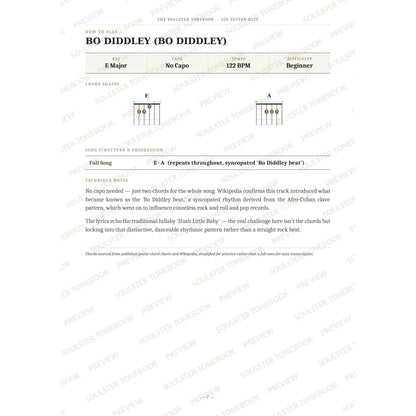 How-to-play page for 'Bo Diddley (Bo Diddley)' by 50s Guitar Hits, showing the key, capo, tempo and difficulty, printed chord-shape diagrams, a song-structure and chord-progression breakdown and technique notes — chord charts only, no lyrics or notation. A faint diagonal 'Soulster Tonebook · Preview' watermark repeats across the page.