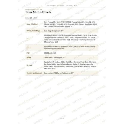 Boss GT-1000 pedal-settings page for 'Bo Diddley (Bo Diddley)' in the 50s Guitar Hits Soulster Tonebook, giving parameter-by-parameter amp, cabinet, drive, FX, delay and reverb values in a two-column table. A faint diagonal 'Soulster Tonebook · Preview' watermark repeats across the page.