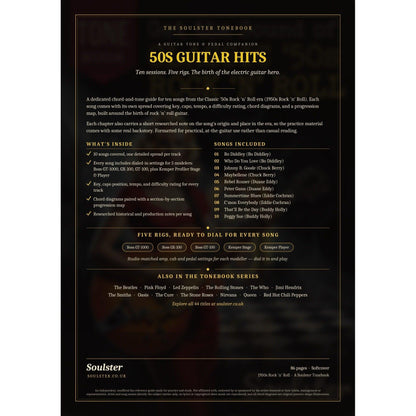 Back cover of the 50s Guitar Hits Soulster Tonebook — a dark, gold-trimmed design with the title and tagline, a 'what's inside' list, the full 10-song track list, the five modeller rigs and other titles in the Soulster Tonebook series.