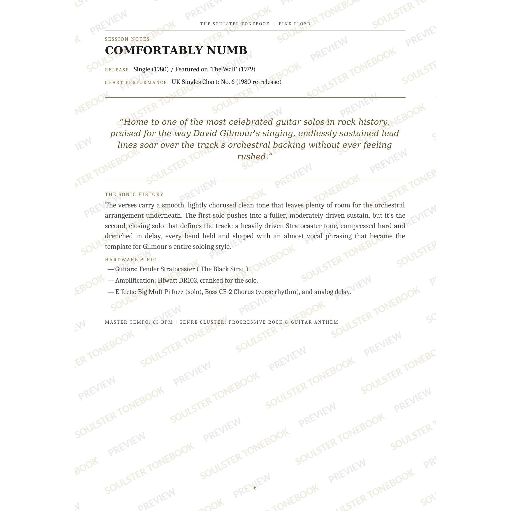 Session-notes page for 'Comfortably Numb' in the Pink Floyd Soulster Tonebook, with the track's release and chart history, a summary quote, a short 'sonic history' write-up and the hardware and rig used. A faint diagonal 'Soulster Tonebook · Preview' watermark repeats across the page.