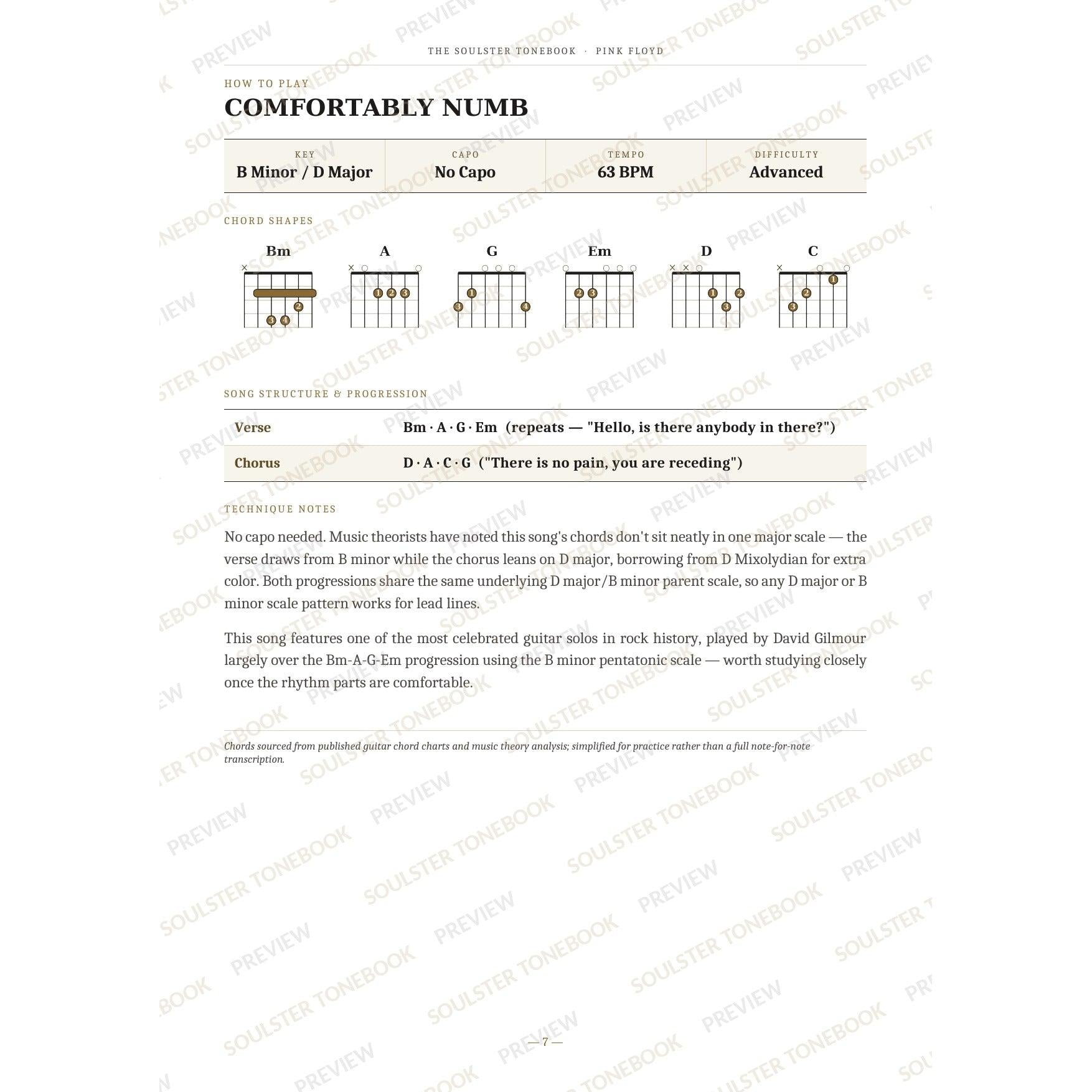 How-to-play page for 'Comfortably Numb' by Pink Floyd, showing the key, capo, tempo and difficulty, printed chord-shape diagrams, a song-structure and chord-progression breakdown and technique notes — chord charts only, no lyrics or notation. A faint diagonal 'Soulster Tonebook · Preview' watermark repeats across the page.