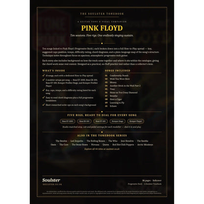 Back cover of the Pink Floyd Soulster Tonebook — a dark, gold-trimmed design with the title and tagline, a 'what's inside' list, the full 10-song track list, the five modeller rigs and other titles in the Soulster Tonebook series.