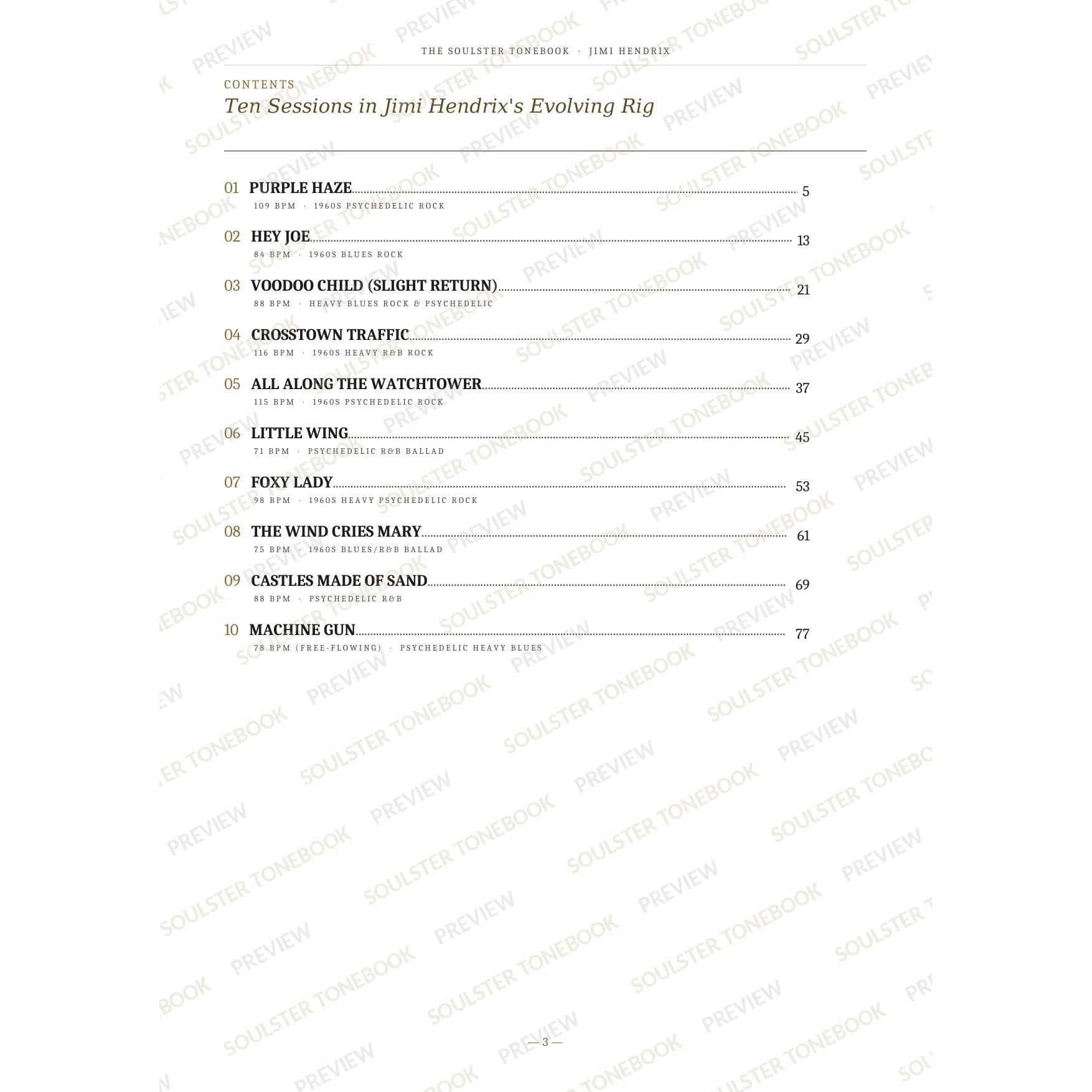Contents page from the Jimi Hendrix Soulster Tonebook, listing all 10 songs with their tempos, genre tags and page numbers in a gold-and-black serif layout. A faint diagonal 'Soulster Tonebook · Preview' watermark repeats across the page.