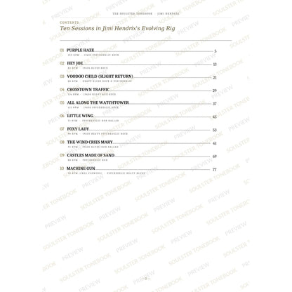 Contents page from the Jimi Hendrix Soulster Tonebook, listing all 10 songs with their tempos, genre tags and page numbers in a gold-and-black serif layout. A faint diagonal 'Soulster Tonebook · Preview' watermark repeats across the page.