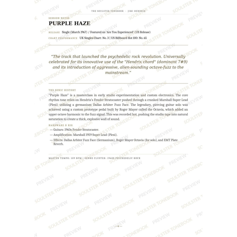 Session-notes page for 'Purple Haze' in the Jimi Hendrix Soulster Tonebook, with the track's release and chart history, a summary quote, a short 'sonic history' write-up and the hardware and rig used. A faint diagonal 'Soulster Tonebook · Preview' watermark repeats across the page.