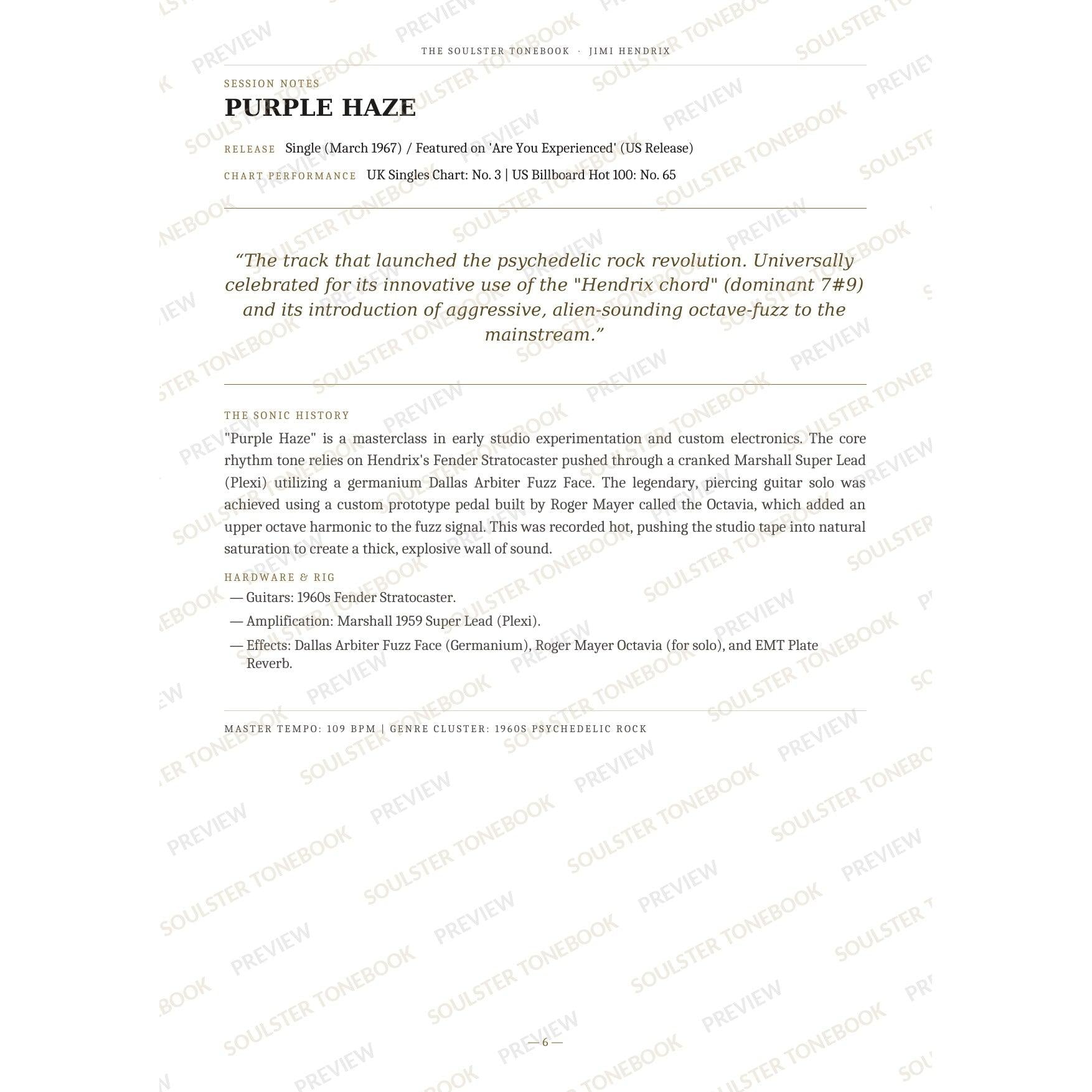 Session-notes page for 'Purple Haze' in the Jimi Hendrix Soulster Tonebook, with the track's release and chart history, a summary quote, a short 'sonic history' write-up and the hardware and rig used. A faint diagonal 'Soulster Tonebook · Preview' watermark repeats across the page.