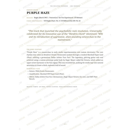 Session-notes page for 'Purple Haze' in the Jimi Hendrix Soulster Tonebook, with the track's release and chart history, a summary quote, a short 'sonic history' write-up and the hardware and rig used. A faint diagonal 'Soulster Tonebook · Preview' watermark repeats across the page.