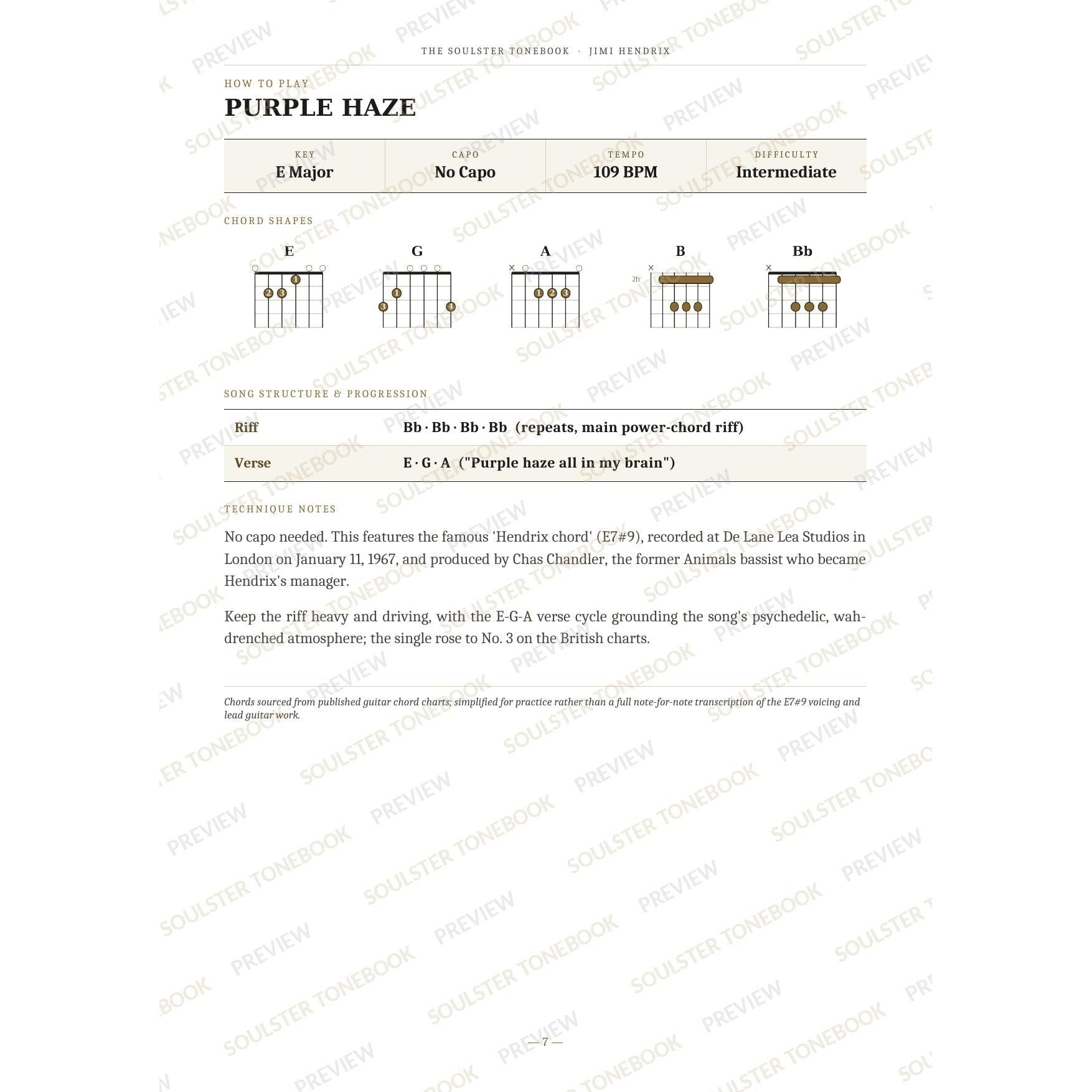How-to-play page for 'Purple Haze' by Jimi Hendrix, showing the key, capo, tempo and difficulty, printed chord-shape diagrams, a song-structure and chord-progression breakdown and technique notes — chord charts only, no lyrics or notation. A faint diagonal 'Soulster Tonebook · Preview' watermark repeats across the page.