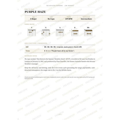How-to-play page for 'Purple Haze' by Jimi Hendrix, showing the key, capo, tempo and difficulty, printed chord-shape diagrams, a song-structure and chord-progression breakdown and technique notes — chord charts only, no lyrics or notation. A faint diagonal 'Soulster Tonebook · Preview' watermark repeats across the page.