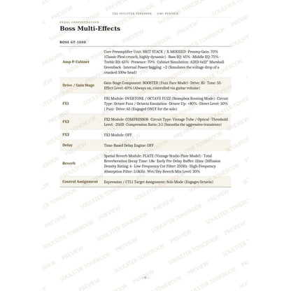 Boss GT-1000 pedal-settings page for 'Purple Haze' in the Jimi Hendrix Soulster Tonebook, giving parameter-by-parameter amp, cabinet, drive, FX, delay and reverb values in a two-column table. A faint diagonal 'Soulster Tonebook · Preview' watermark repeats across the page.