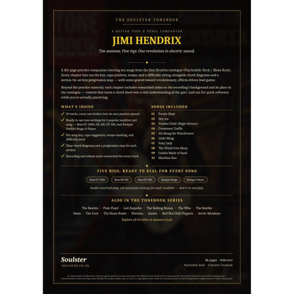 Back cover of the Jimi Hendrix Soulster Tonebook — a dark, gold-trimmed design with the title and tagline, a 'what's inside' list, the full 10-song track list, the five modeller rigs and other titles in the Soulster Tonebook series.