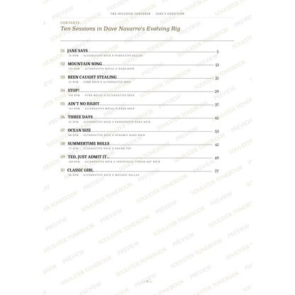 Contents page from the Jane's Addiction Soulster Tonebook, listing all 10 songs with their tempos, genre tags and page numbers in a gold-and-black serif layout. A faint diagonal 'Soulster Tonebook · Preview' watermark repeats across the page.