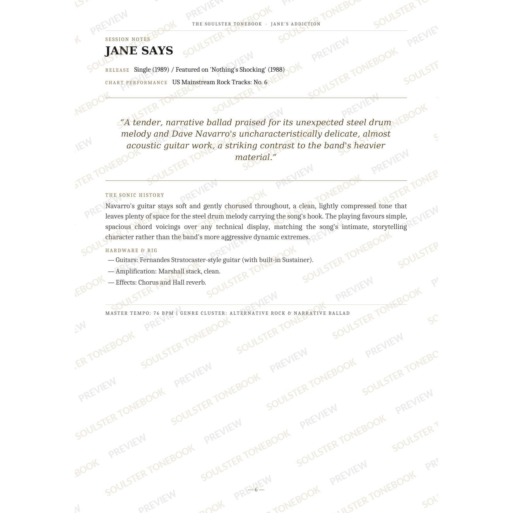 Session-notes page for 'Jane Says' in the Jane's Addiction Soulster Tonebook, with the track's release and chart history, a summary quote, a short 'sonic history' write-up and the hardware and rig used. A faint diagonal 'Soulster Tonebook · Preview' watermark repeats across the page.