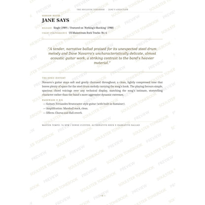 Session-notes page for 'Jane Says' in the Jane's Addiction Soulster Tonebook, with the track's release and chart history, a summary quote, a short 'sonic history' write-up and the hardware and rig used. A faint diagonal 'Soulster Tonebook · Preview' watermark repeats across the page.