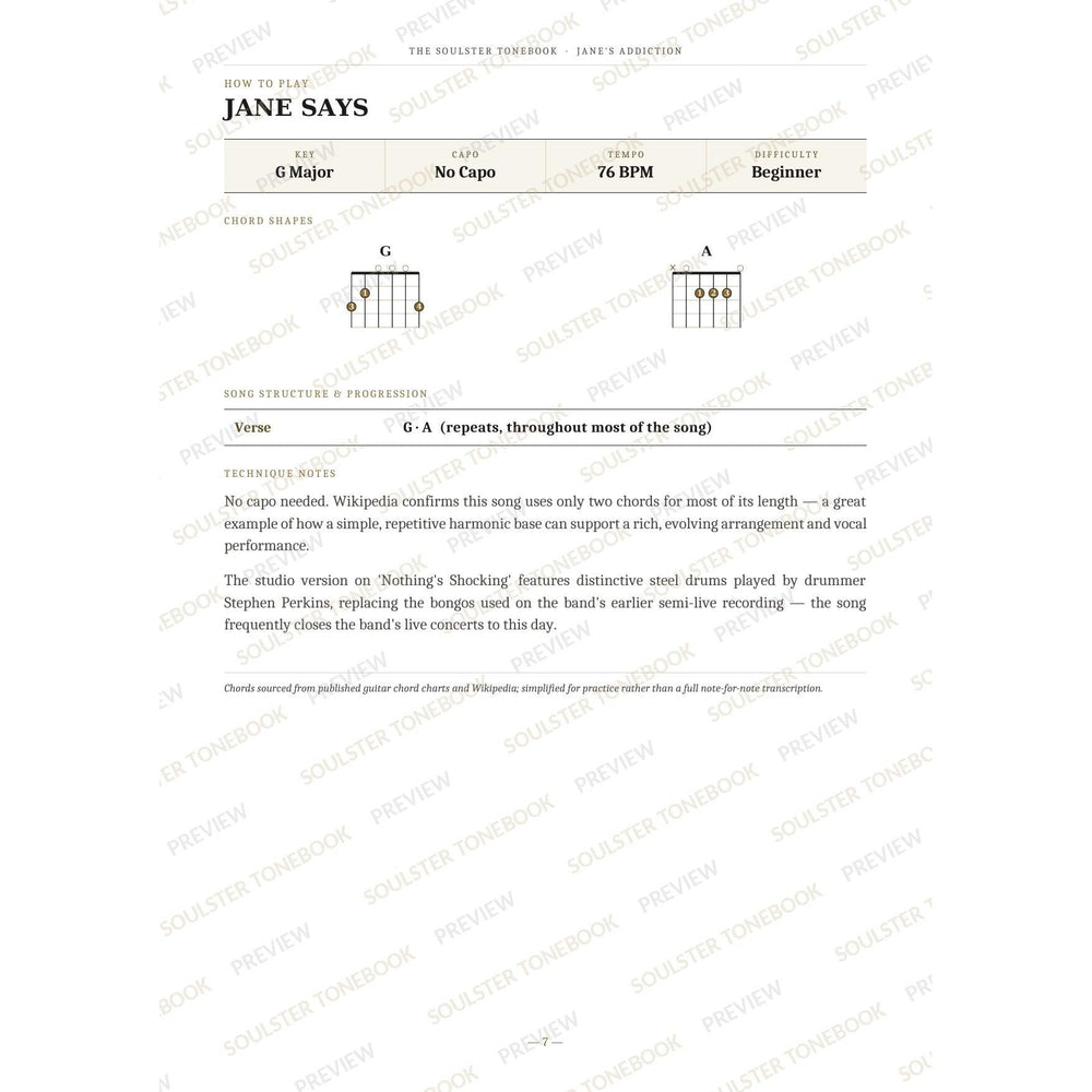 How-to-play page for 'Jane Says' by Jane's Addiction, showing the key, capo, tempo and difficulty, printed chord-shape diagrams, a song-structure and chord-progression breakdown and technique notes — chord charts only, no lyrics or notation. A faint diagonal 'Soulster Tonebook · Preview' watermark repeats across the page.