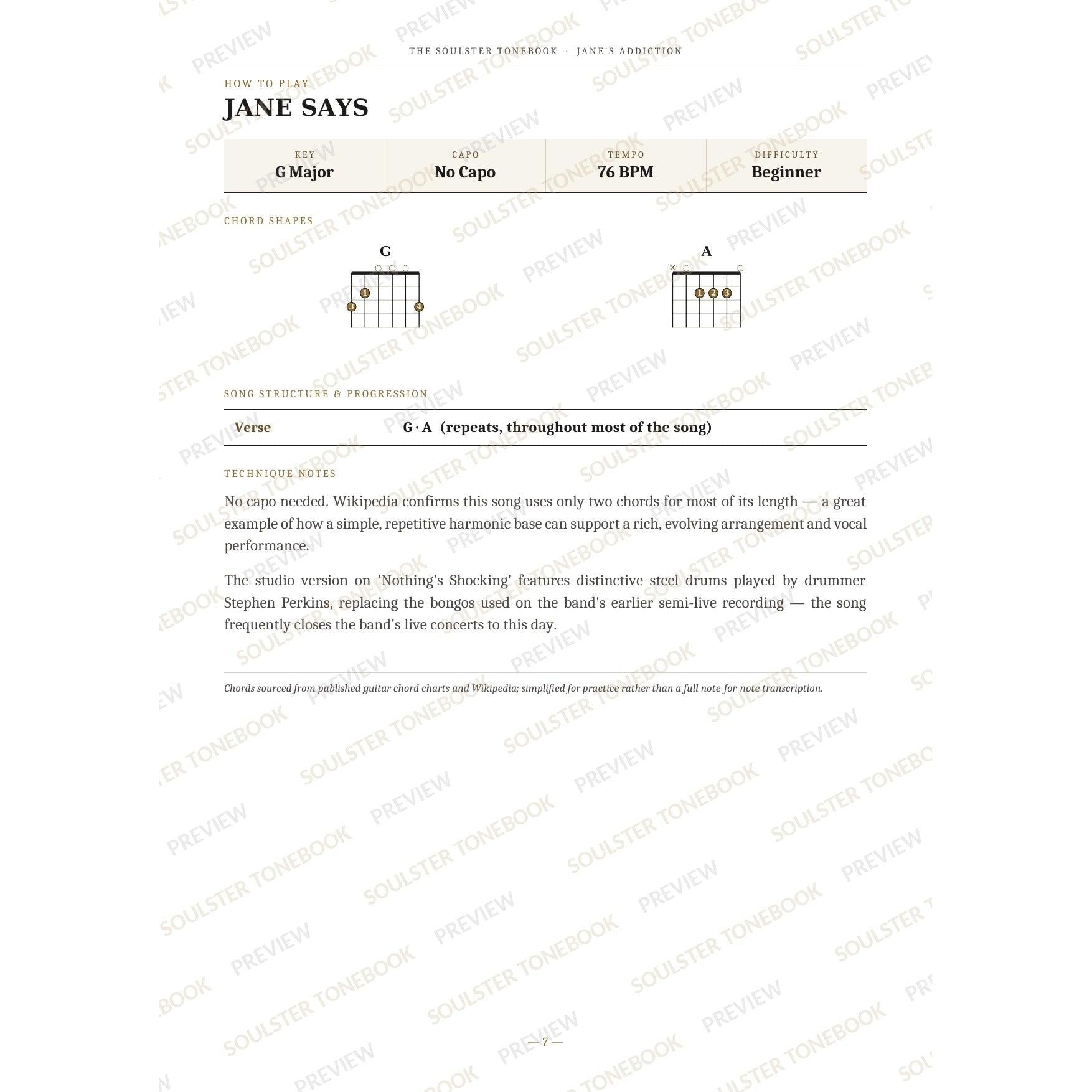 How-to-play page for 'Jane Says' by Jane's Addiction, showing the key, capo, tempo and difficulty, printed chord-shape diagrams, a song-structure and chord-progression breakdown and technique notes — chord charts only, no lyrics or notation. A faint diagonal 'Soulster Tonebook · Preview' watermark repeats across the page.