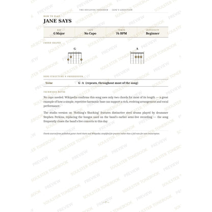 How-to-play page for 'Jane Says' by Jane's Addiction, showing the key, capo, tempo and difficulty, printed chord-shape diagrams, a song-structure and chord-progression breakdown and technique notes — chord charts only, no lyrics or notation. A faint diagonal 'Soulster Tonebook · Preview' watermark repeats across the page.