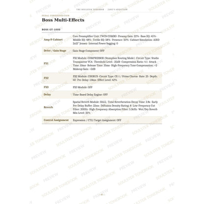 Boss GT-1000 pedal-settings page for 'Jane Says' in the Jane's Addiction Soulster Tonebook, giving parameter-by-parameter amp, cabinet, drive, FX, delay and reverb values in a two-column table. A faint diagonal 'Soulster Tonebook · Preview' watermark repeats across the page.