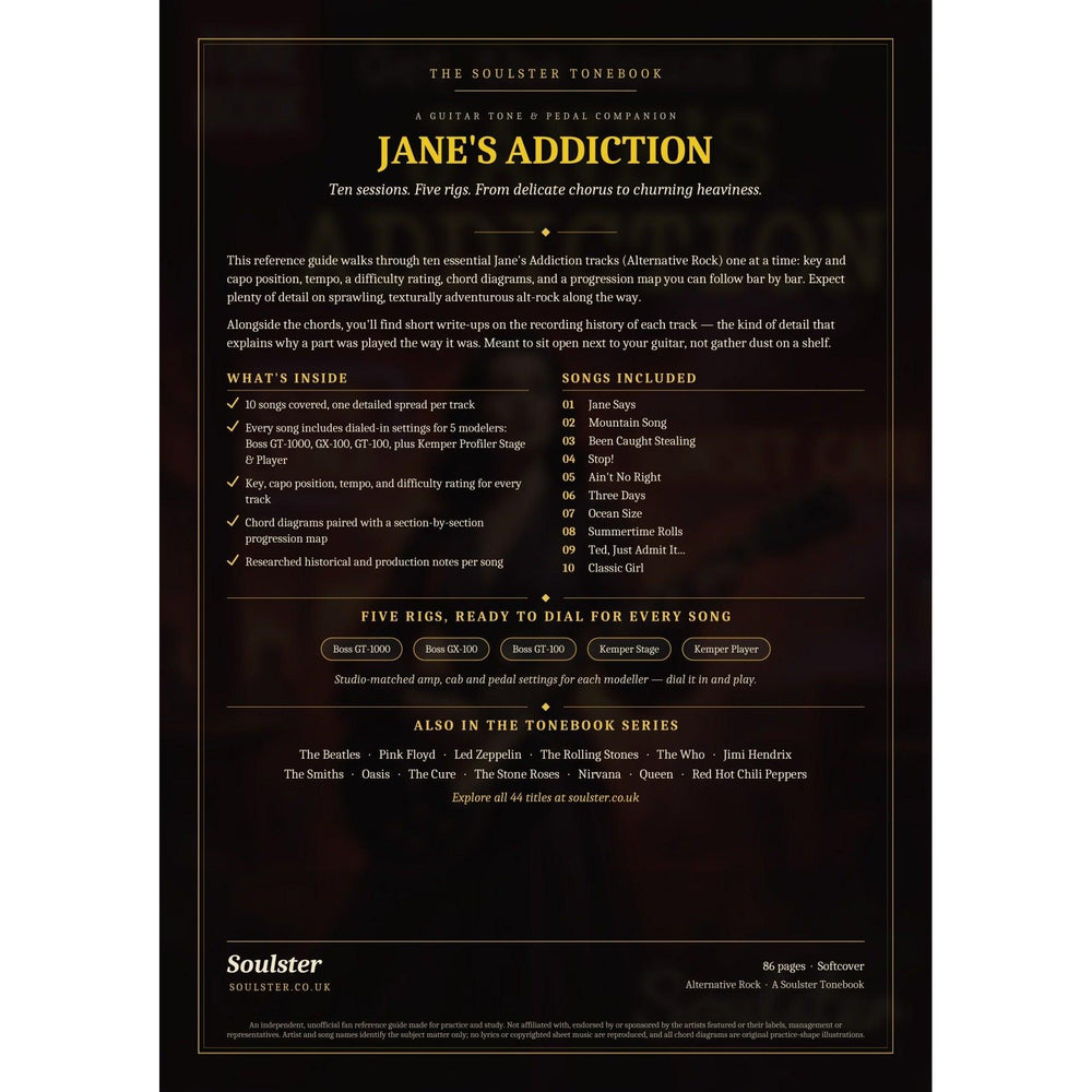 Back cover of the Jane's Addiction Soulster Tonebook — a dark, gold-trimmed design with the title and tagline, a 'what's inside' list, the full 10-song track list, the five modeller rigs and other titles in the Soulster Tonebook series.