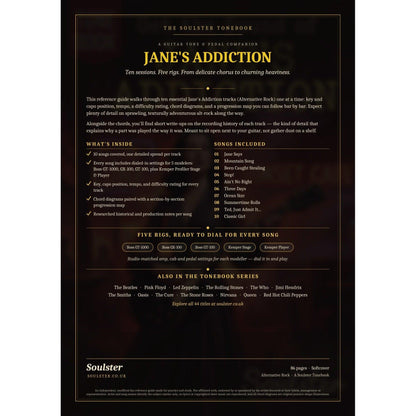 Back cover of the Jane's Addiction Soulster Tonebook — a dark, gold-trimmed design with the title and tagline, a 'what's inside' list, the full 10-song track list, the five modeller rigs and other titles in the Soulster Tonebook series.