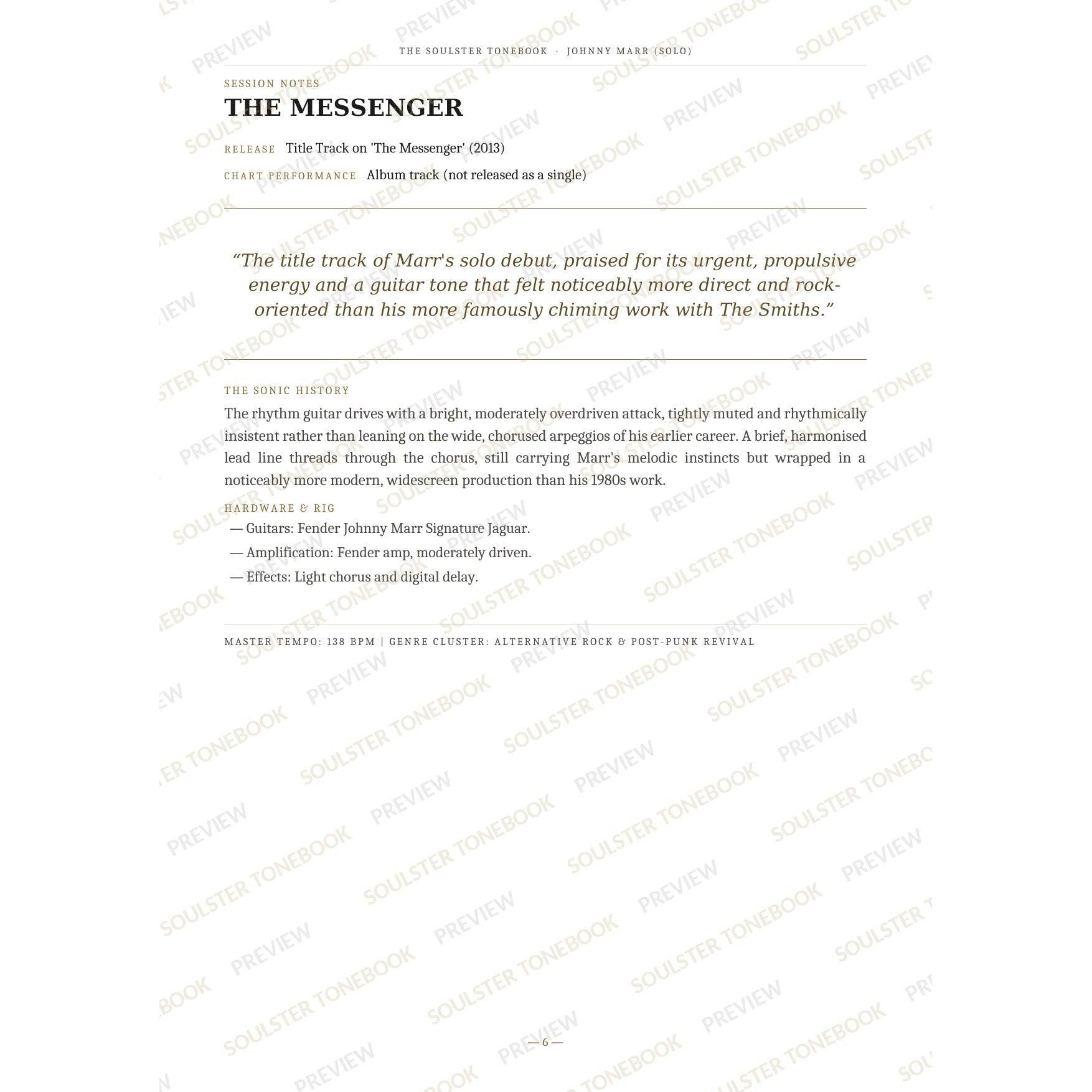 Session-notes page for 'The Messenger' in the Johnny Marr Soulster Tonebook, with the track's release and chart history, a summary quote, a short 'sonic history' write-up and the hardware and rig used. A faint diagonal 'Soulster Tonebook · Preview' watermark repeats across the page.