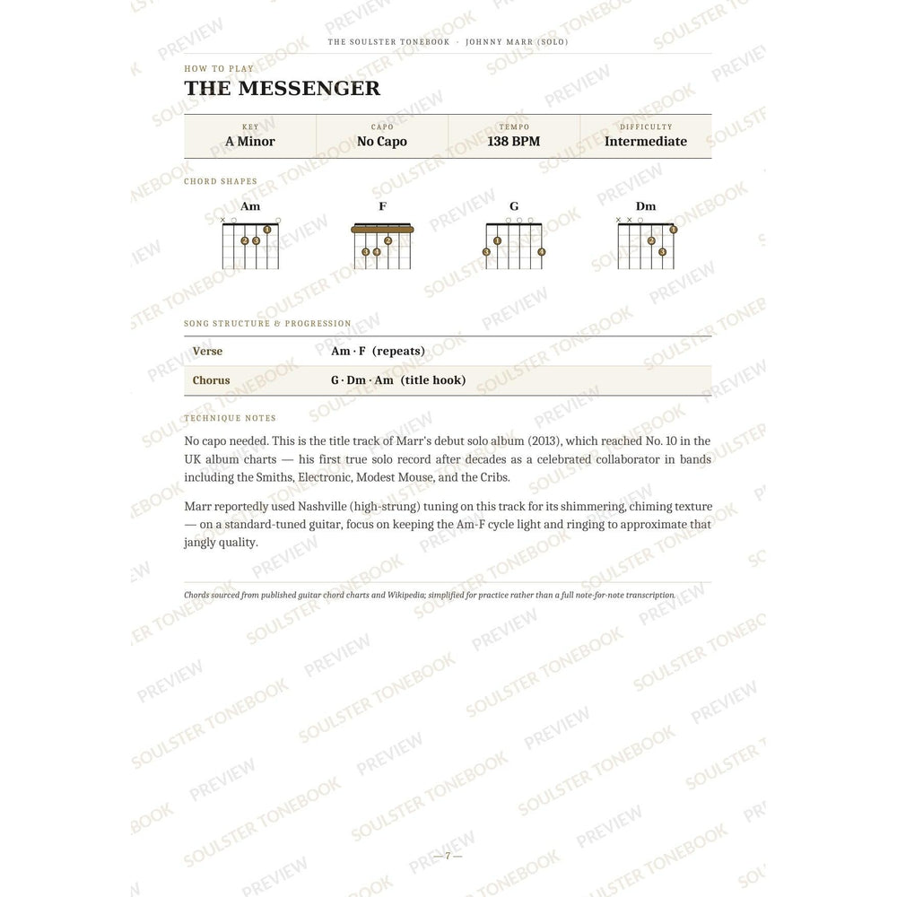 How-to-play page for 'The Messenger' by Johnny Marr, showing the key, capo, tempo and difficulty, printed chord-shape diagrams, a song-structure and chord-progression breakdown and technique notes — chord charts only, no lyrics or notation. A faint diagonal 'Soulster Tonebook · Preview' watermark repeats across the page.