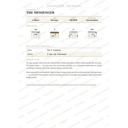 How-to-play page for 'The Messenger' by Johnny Marr, showing the key, capo, tempo and difficulty, printed chord-shape diagrams, a song-structure and chord-progression breakdown and technique notes — chord charts only, no lyrics or notation. A faint diagonal 'Soulster Tonebook · Preview' watermark repeats across the page.