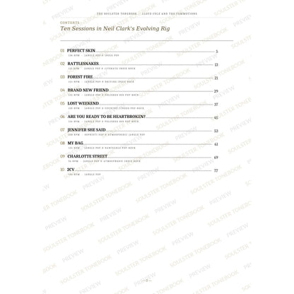 Contents page from the Lloyd Cole and the Commotions Soulster Tonebook, listing all 10 songs with their tempos, genre tags and page numbers in a gold-and-black serif layout. A faint diagonal 'Soulster Tonebook · Preview' watermark repeats across the page.