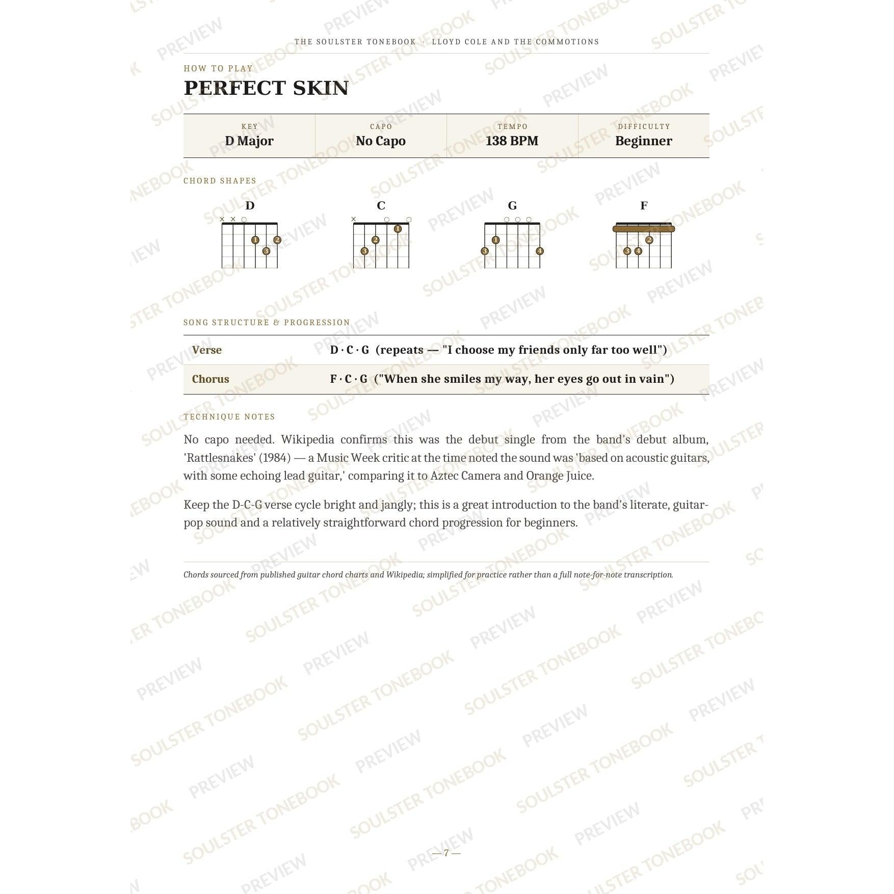 How-to-play page for 'Perfect Skin' by Lloyd Cole and the Commotions, showing the key, capo, tempo and difficulty, printed chord-shape diagrams, a song-structure and chord-progression breakdown and technique notes — chord charts only, no lyrics or notation. A faint diagonal 'Soulster Tonebook · Preview' watermark repeats across the page.