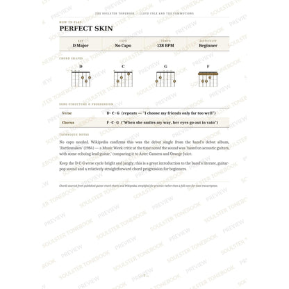 How-to-play page for 'Perfect Skin' by Lloyd Cole and the Commotions, showing the key, capo, tempo and difficulty, printed chord-shape diagrams, a song-structure and chord-progression breakdown and technique notes — chord charts only, no lyrics or notation. A faint diagonal 'Soulster Tonebook · Preview' watermark repeats across the page.