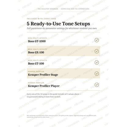 '5 Ready-to-Use Tone Setups' page from the Lloyd Cole and the Commotions Soulster Tonebook, listing the five included modeller rigs — Boss GT-1000, GX-100 and GT-100 and the Kemper Profiler Stage and Player — each marked with a gold tick. A faint diagonal 'Soulster Tonebook · Preview' watermark repeats across the page.