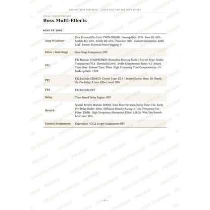 Boss GT-1000 pedal-settings page for 'Perfect Skin' in the Lloyd Cole and the Commotions Soulster Tonebook, giving parameter-by-parameter amp, cabinet, drive, FX, delay and reverb values in a two-column table. A faint diagonal 'Soulster Tonebook · Preview' watermark repeats across the page.