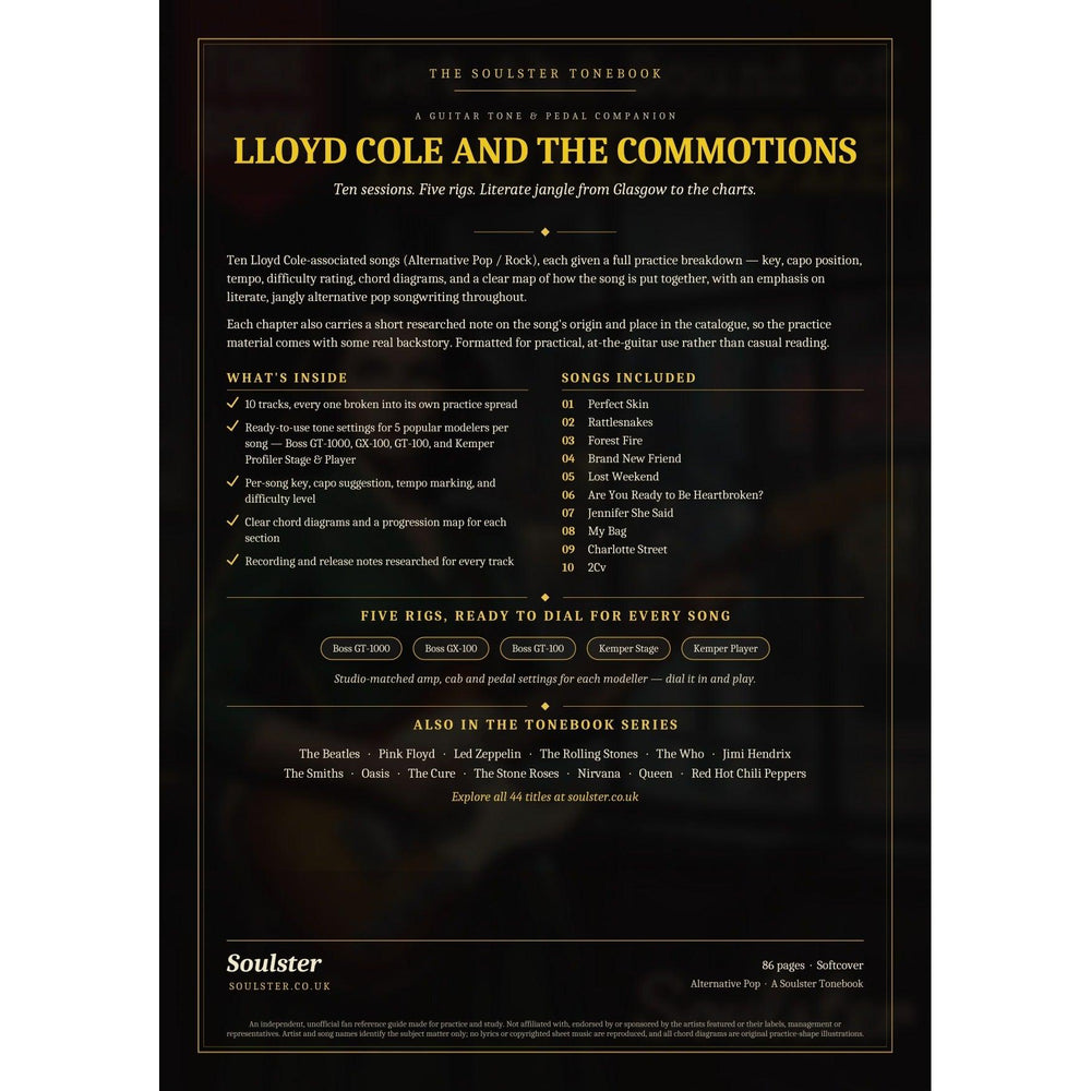 Back cover of the Lloyd Cole and the Commotions Soulster Tonebook — a dark, gold-trimmed design with the title and tagline, a 'what's inside' list, the full 10-song track list, the five modeller rigs and other titles in the Soulster Tonebook series.